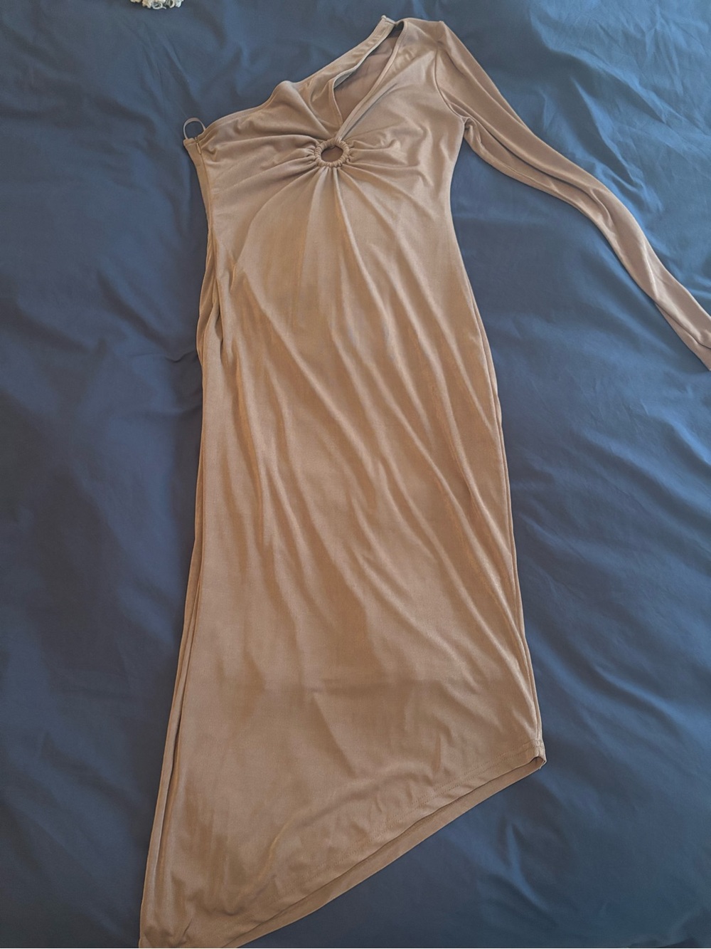 MARBLE Taupe Asymmetrical One-Shoulder Ring-Accent Dress